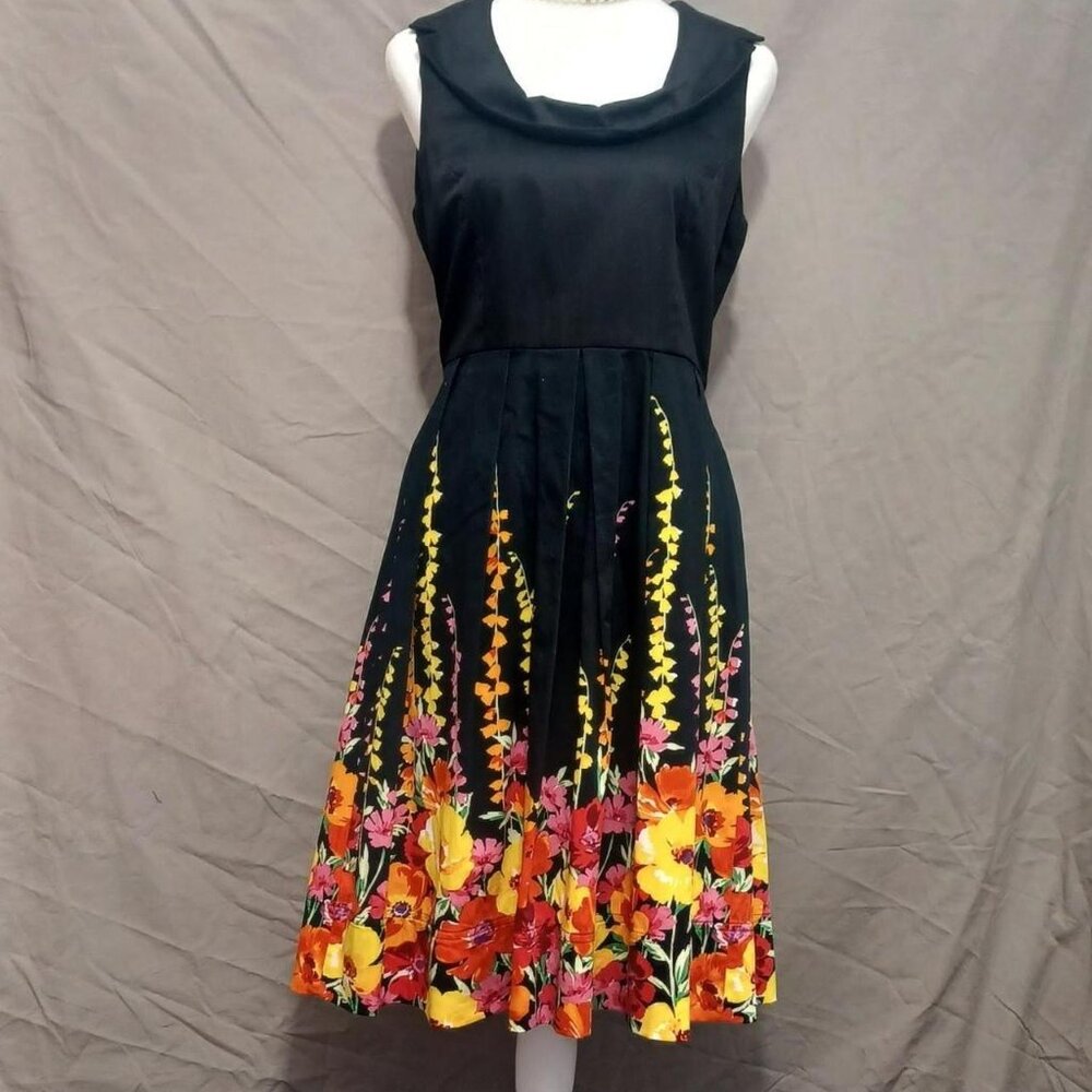 Spence Black Floral Hem Fit & Flare Dress – Sleeveless Cowl Neck